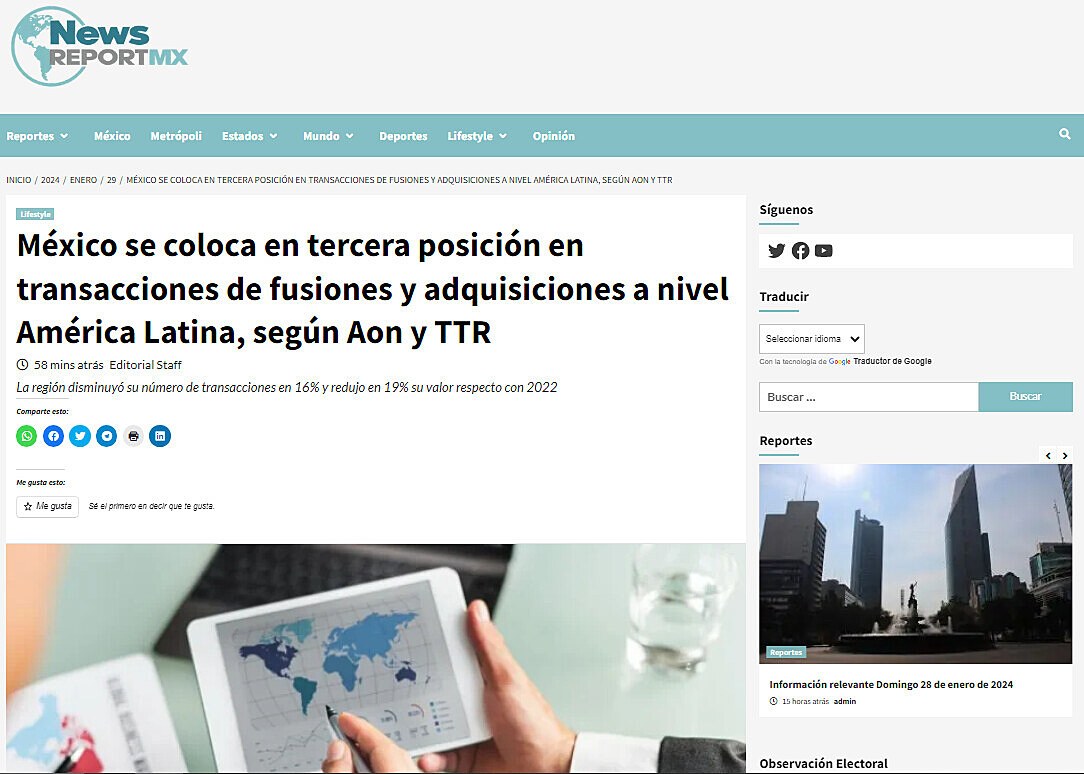 Mxico se coloca en tercera posicin en transacciones de fusiones y adquisiciones a nivel Amrica Latina, segn Aon y TTR